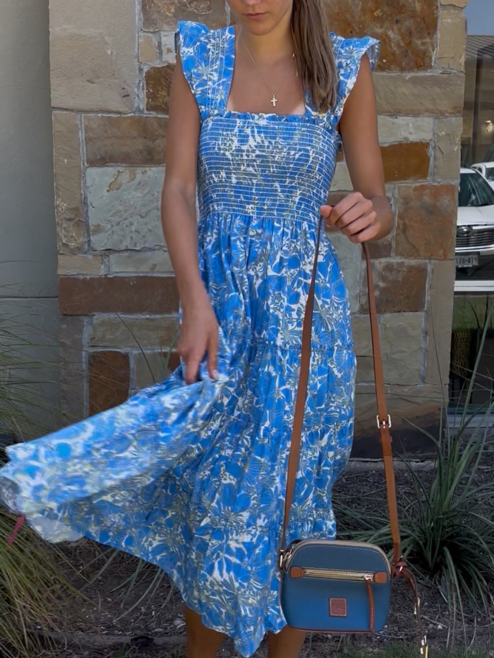 Blue Floral Smocked Maxi Dress with Ruffle Straps